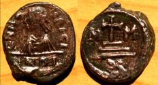 Ancient Coins - Maurice Tiberius, 582-602. AE Decanummium (16 mm, 3.9g,), Carthage RARE