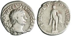 Ancient Coins - Roman: Trajan (98-117), silver denarius (3.26g), Rome mint, 101 CE. Hercules, nude, standing facing on pedestal with club, apple, and lionskin.