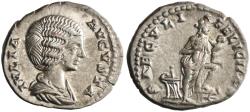 Ancient Coins - Roman: Julia Domna (193-217), silver denarius (3.45g), Rome mint, 200 CE. Draped bust right / Isis, wearing polos on head, standing right, left foot on prow, holding Horus, rudder