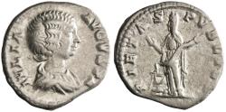 Ancient Coins - Roman: Julia Domna (193-217), silver denarius (3.62g), Rome mint, 193-217 CE. Draped bust right / Pietas standing left, raising both hands at altar.