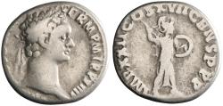 Ancient Coins - Roman: Domitian (81-96), silver denarius (3.18g), Rome mint, 95 CE. Laureate head right / Minerva walking right with spear and shield.
