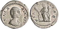 Ancient Coins - Roman: Julia Domna (193-217), silver denarius (3.48g), Rome mint, 193-217 CE. Draped bust right / Hilaritas standing left with long palm branch and cornucopiae, child at foot to l