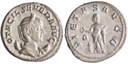 Ancient Coins - Roman: Otacilia Severa (244-249), silver antoninianus (3.12g), Rome mint, 244-249 CE. Pietas standing left, raising right hand over altar and holding box of perfume; _ in field.