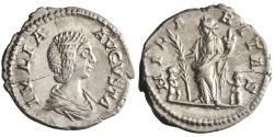 Ancient Coins - Roman: Julia Domna (193-217), silver denarius (3.28g), Rome mint, 193-217 CE. Draped bust / Hilaritas standing left with long palm branch and cornucopiae, child at foot to left and to right.