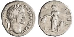 Ancient Coins - Roman: Antoninus Pius (138-161), silver denarius (3.46g), Rome mint, 148-149 CE. Laureate head right / Annona standing left, holding corn-ears and resting hand on modius set on pr