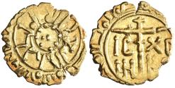 World Coins - Sicily: Roger II (1105-1154), gold tari (0.86g), Siqiliya (Sicily), 1105-1154 CE. Roger cited with title al-Mu'tazz. Pellets in obverse center, inner margin "al-mu'tazz billah al-