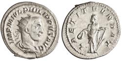 Ancient Coins - Roman: Philip I 'the Arab' (244-249), silver antoninianus (3.97g), Rome mint, 244-247 CE. Radiate, draped, and cuirassed bust / Laetitia standing left, holding wreath and rudder.