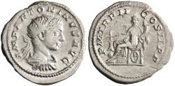 Ancient Coins - Roman: Elagabalus (218-222), silver antoninianus (4.95g), Rome mint, 219 CE. Radiate, draped, and cuirassed bust / Fortuna seated left holding rudder and cornucopiae, wheel under