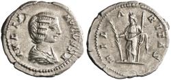 Ancient Coins - Roman: Julia Domna (193-217), silver denarius (3.36g), Rome mint, 193-217 CE. Draped bust right / Hilaritas standing left, holding long palm and sceptre.