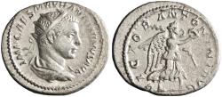 Ancient Coins - Roman: Elagabalus (218-222), silver antoninianus (4.80g), Rome mint, 218-222 CE. Radiate, draped, and cuirassed bust / Victory walking right, holding wreath and palm branch.