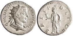 Ancient Coins - Roman: Herennius Etruscus, as Caesar (250-251), silver antoninianus (3.21g), Rome mint, 250-251 CE. Radiate, draped, and cuirassed bust / Spes holding flower and lifting skirt.
