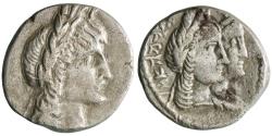 Ancient Coins - Nabataean: Aretas IV (9 BCE-40 CE) with Shaqilat, silver drachm (4.32g), Petra mint, 9 BCE-40 CE. Laureate and draped bust right / Jugate draped busts
