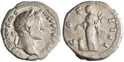 Ancient Coins - Roman: Antoninus Pius (138-161), silver denarius (3.43g), Rome mint, 138-161 CE. Laureate head right / Vesta standing left by altar, holding patera and palladium.
