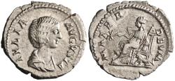 Ancient Coins - Roman: Julia Domna (193-217), silver denarius (3.40g), Rome mint, 193-217 CE. Draped bust right / Cybele, towered, enthroned left between two lions, leaning on drum and holding br