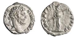 Ancient Coins - Roman: Septimius Severus (193-211), silver denarius (3.43g), Rome mint, 195 CE. Laureate head / Minerva standing, holding spear and round shield.