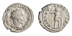 Ancient Coins - Roman: Philip I 'the Arab' (244-249), silver antoninianus (3.75g), Antioch mint, 244 CE. Radiate, draped, and cuirassed bust / Virtus standing, holding spear & leaning hand on shie
