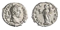 Ancient Coins - Roman: Septimius Severus (193-211), silver denarius (3.32g), Rome mint, 193 CE. Laureate head / Liberalitas standing, holding counting board.