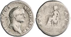 Ancient Coins - Roman: Vespasian (69-79), silver denarius (3.03g), Rome mint, 69-79 CE. Laureate head right / Salus seated left, holding patera.