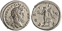 Ancient Coins - Roman: Septimius Severus (193-211), silver denarius (3.40g), Laodicea mint, 198-202 CE. Laureate head / Victory walking left, holding wreath and palm.