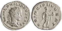 Ancient Coins - Roman: Philip II, as Caesar (244-247), silver antoninianus (4.46g), Rome mint, 245 CE. Radiate, draped, and cuirassed bust / Philip II, in military dress, standing right, holding globe and transverse spear.