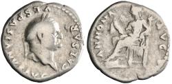Ancient Coins - Roman: Vespasian (69-79), silver denarius (3.28g), Rome mint, 77-78 CE. Laureate head right / Annona seated left, holding bundle of corn ears in her lap.