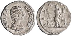 Ancient Coins - Roman: Julia Domna (193-217), silver denarius (3.51g), Rome mint, 196-211 CE. Hilaritas standing left, holding long palm and cornucopiae; two children at sides.