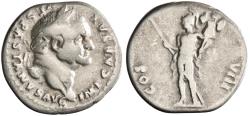 Ancient Coins - Roman: Vespasian (69-79), silver denarius (3.27g), Rome mint, 77-78 CE. Laureate head right / Mars standing left, holding spear and trophy.
