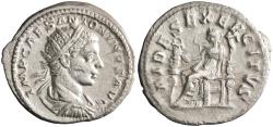 Ancient Coins - Roman: Elagabalus (218-222), silver antoninianus (3.92g), Rome mint, 219 CE. Radiate, draped, and cuirassed bust / Fides seated left holding eagle and standard, another standard b