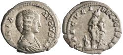 Ancient Coins - Roman: Julia Domna (193-217), silver denarius (3.27g), Rome mint, 200 CE. Draped bust right / Isis, wearing polos on head, standing right, left foot on prow, holding Horus, rudder