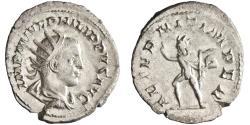Ancient Coins - Roman: Philip II (247-249), silver antoninianus (3.65g), Rome mint, 247-249 CE. Radiate, draped, and cuirassed bust / Sol walking left with whip.