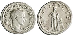 Ancient Coins - Roman: Gordian III (238-244), silver antoninianus (4.63g), Rome mint, 238-244 CE. Hercules standing right, right hand on hip, left hand on club on rock, lion-skin beside club.