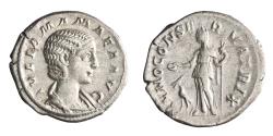 Ancient Coins - Roman: Julia Mamaea (222-235), silver denarius (2.94g), Rome mint, 222 CE. Diademed and draped bust / Juno standing, holding patera and sceptre, peacock at feet.