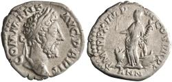 Ancient Coins - Roman: Commodus (179-192), silver denarius (2.75g), Rome mint, 184-185 CE. Laureate head right / Annona standing left, holding a statuette and cornucopiae, modius and ship's prow