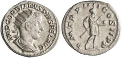 Ancient Coins - Roman: Gordian III (238-244), silver antoninianus (3.92g), Rome mint, 238-244 CE. Radiate, draped, and cuirassed bust right / Gordian in military dress, standing right with spear