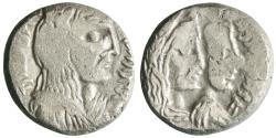 Ancient Coins - Nabataean: Aretas IV (9 BCE-40 CE) with Shaqilat, silver drachm (4.65g), Petra mint, 9 BCE-40 CE. Long-haired, laureate, moustached, and draped bust right / Jugate draped busts