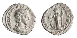 Ancient Coins - Roman: Julia Mamaea (222-235), silver denarius (2.77g), Rome mint, 222 CE. Diademed and draped bust / Juno standing, holding patera and sceptre, peacock at feet.