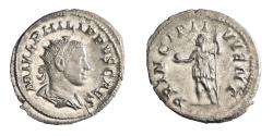 Ancient Coins - Roman: Philip II, as Caesar (244-247), silver antoninianus (4.53g), Rome mint, 244-247 CE. Radiate, draped, and cuirassed bust / The prince standing, holding globe and spear.