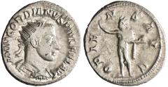 Ancient Coins - Roman: Gordian III (238-244), silver antoninianus (5.39g), Antioch mint, 238-244 CE. Radiate, draped, and cuirassed bust right / Sol standing left, holding globe and raising right