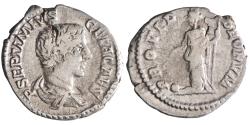 Ancient Coins - Roman: Geta, as Caesar (198-209), silver denarius (2.91g), Rome mint, 203-208 CE. Providentia standing left, holding wand over globe and sceptre.
