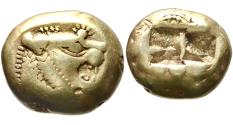 Ancient Coins - Kingdom of Lydia, Alyattes to Kroisos, gold/electrum trite (1/3 stater), Sardes mint, 610-546 BCE, head of lion right; sun and rays above / two incuse squares, Birth of Coinage ser
