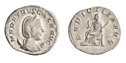Ancient Coins - Roman: Herennia Etruscilla (249-251), silver antoninianus (4.18g), Rome mint, 249-251 CE. Diademed and draped bust on crescent / Pudicitia seated, holding sceptre and drawing veil