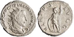 Ancient Coins - Roman: Volusian (251-253), silver antoninianus (3.89g), Rome mint, 251-253 CE. Radiate, draped and cuirassed bust right / Virtus standing, head left, holding shield and spear.