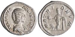 Ancient Coins - Roman: Julia Domna (193-217), silver denarius (3.25g), Rome mint, 211-217 CE. Cybele towered, standing front, head left, holding drum and sceptre, resting left arm on column, lion