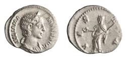 Ancient Coins - Roman: Julia Mamaea (222-235), silver denarius (2.96g), Rome mint, 227 CE. Diademed and draped bust / Vesta standing, holding patera and sceptre.
