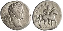Ancient Coins - Roman: Septimius Severus (193-211), silver denarius (3.12g), Rome mint, 197 CE. Laureate head / Severus on horseback right, holding spear.