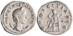 Ancient Coins - Roman: Herennia Etruscilla (249-251), silver antoninianus (4.09g), Rome mint, 249-251 CE. Pudicitia seated left, holding sceptre and drawing veil from her face.