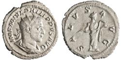 Ancient Coins - Roman: Philip I 'the Arab' (244-249), silver antoninianus (2.85g), Rome mint, 244 CE. Radiate, draped, and cuirassed bust / Salus standing right, feeding serpent held in her arms from patera.