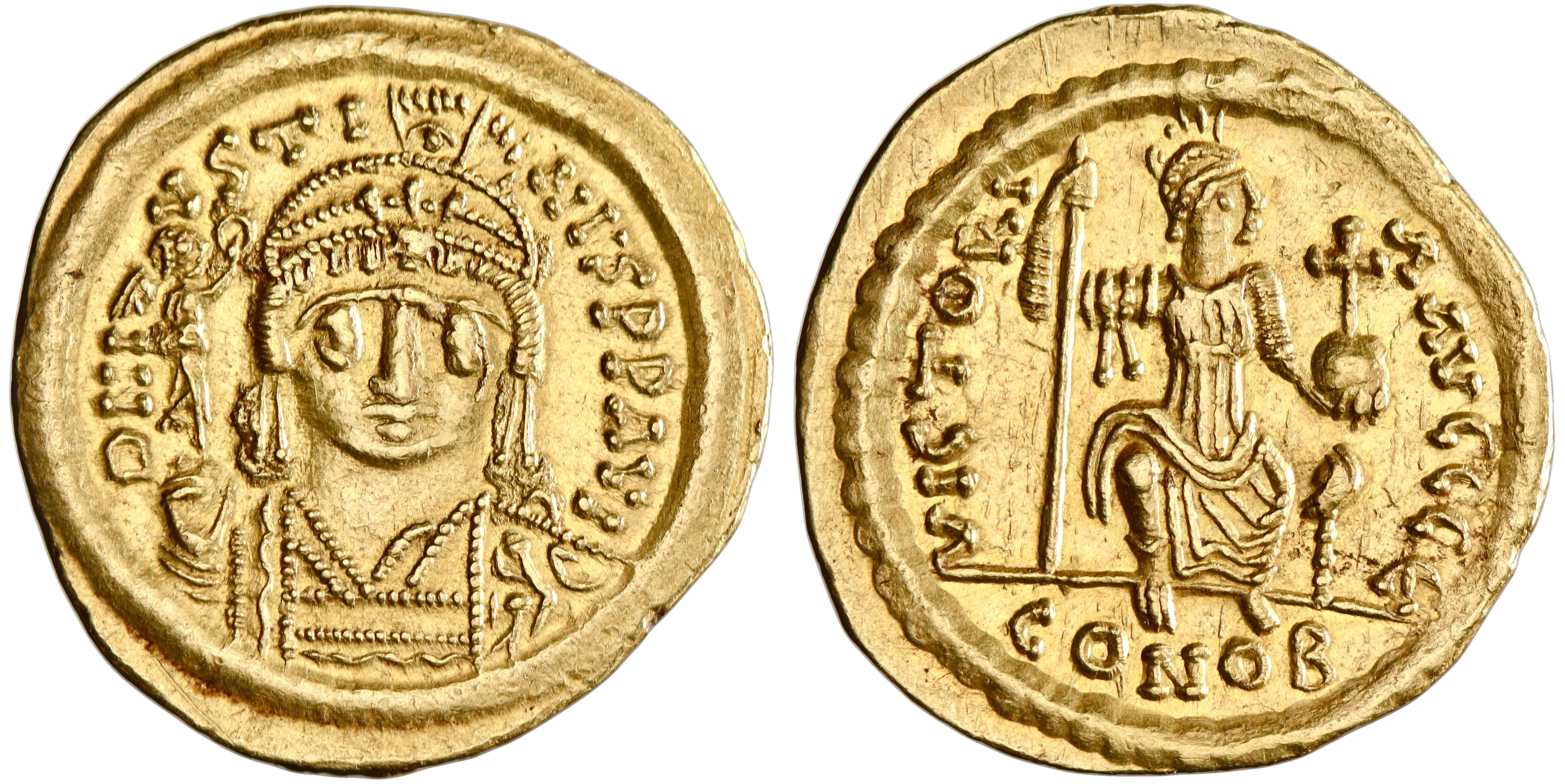 Byzantine, Justin II, gold solidus, Constantinople, 567-578 CE,  Constantinopolis seated