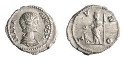 Ancient Coins - Roman: Julia Domna (193-217), silver denarius (3.35g), Rome mint, 193-217 CE. Draped bust / Juno standing, holding patera and sceptre, peacock to left.