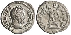 Ancient Coins - Roman: Septimius Severus (193-211), silver denarius (3.36g), Rome mint, 202 CE. Laureate head / Victory walking left, holding wreath and palm.